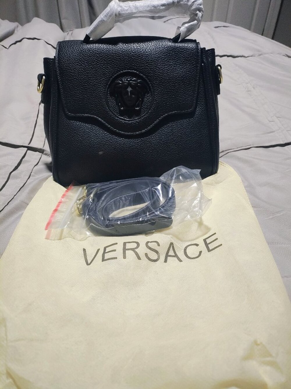 Versace Black Soft Pebbled Leather Top-Handle Satchel with Black Hardware